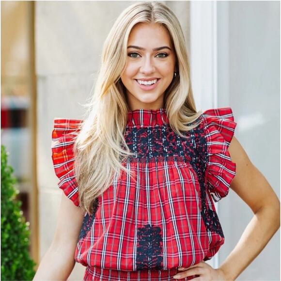 J. Marie Rayna Embroidered Ruffle Plaid Top Small Red Cottage Preppy - Picture 3 of 9